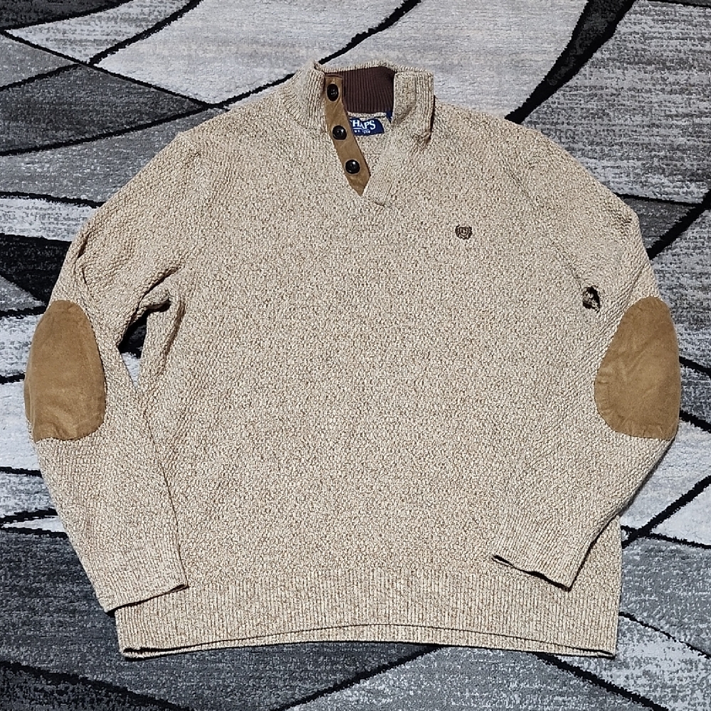 CHAPS HENLEY 3-BUTTON SUEDE-ELBOW COTTON TAN KNIT LONG-SLEEVE SWEATER L